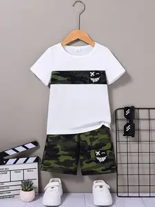 Boys' Sporty Casual Patchwork Short Sleeve Top and Shorts Set, All over Print, Slim-Fitting, No Button, No Zipper, No Collar, Camo suit