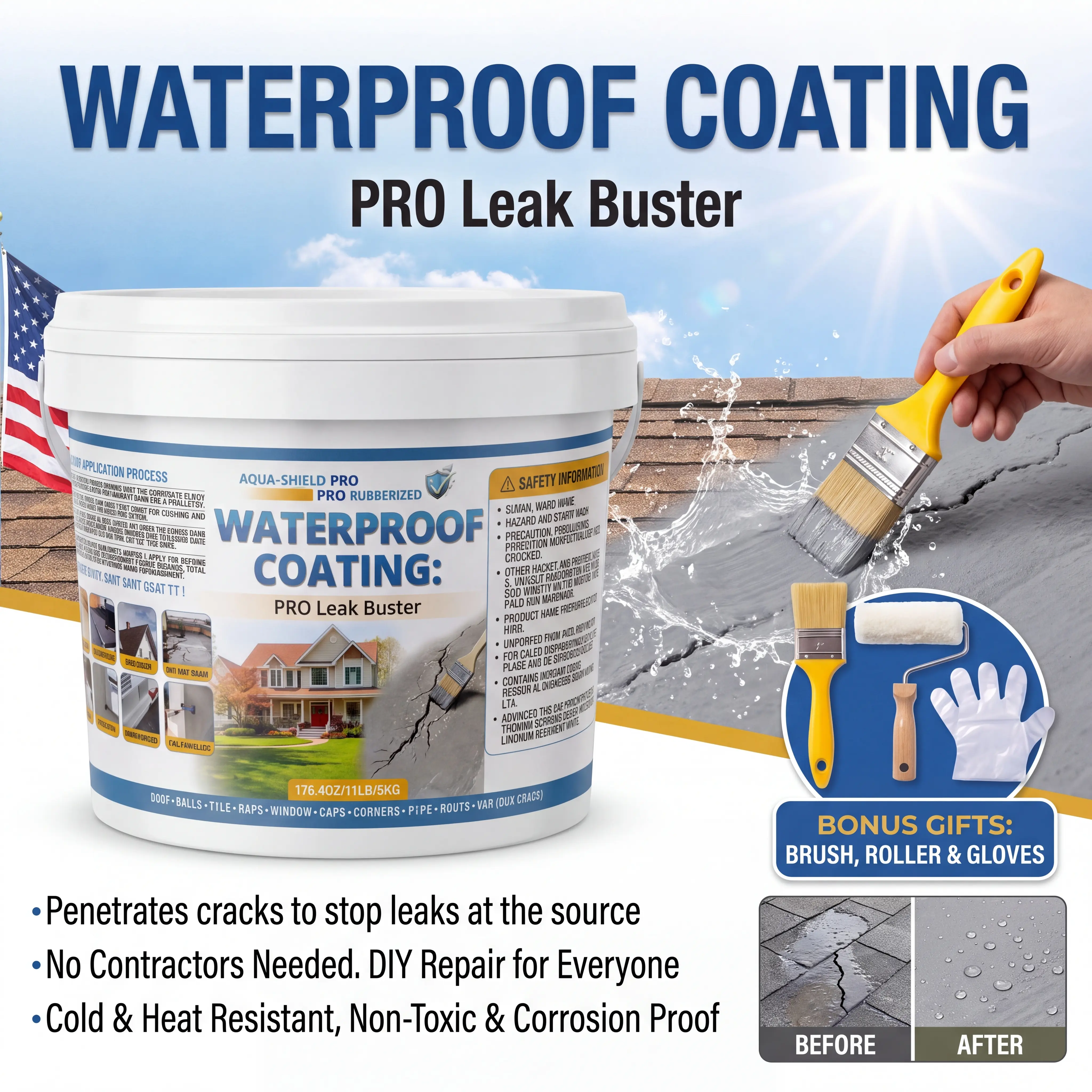 Rubberized Water Repellent Seal Coating Sealant Paint, Liquid Leak Repair for Roof & Concrete (Multi-Sizes: 1.1lbs - 6.6lbs, Multi-Pack Value)