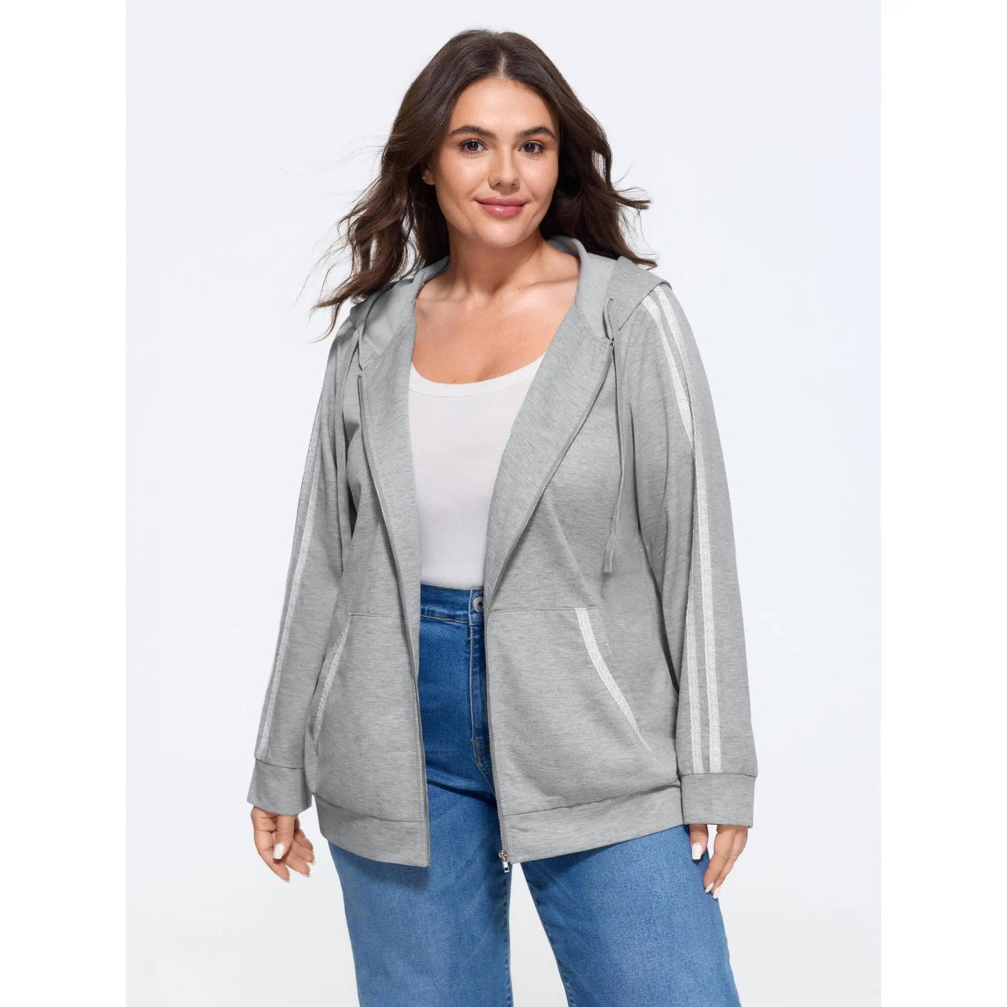 BloomChic Plus Size Lace Tape Detail Pocket Zipper Hoodie[M-6X] Back To School,Spotlight Day