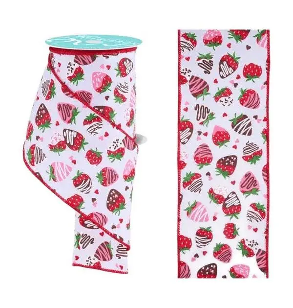4" x 10yd Chocolate Covered Strawberries Ribbon – White/Multi