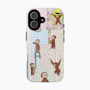 Cute Cartoon Monkey Tough Phone Case, Curious Georgeee, Fun Pink Animal Fully Protected and Shockproof Phone Case for iPhone17 16 15 14 Pro Max Pro Plus and Samsung S25 24 23 Protection Safety