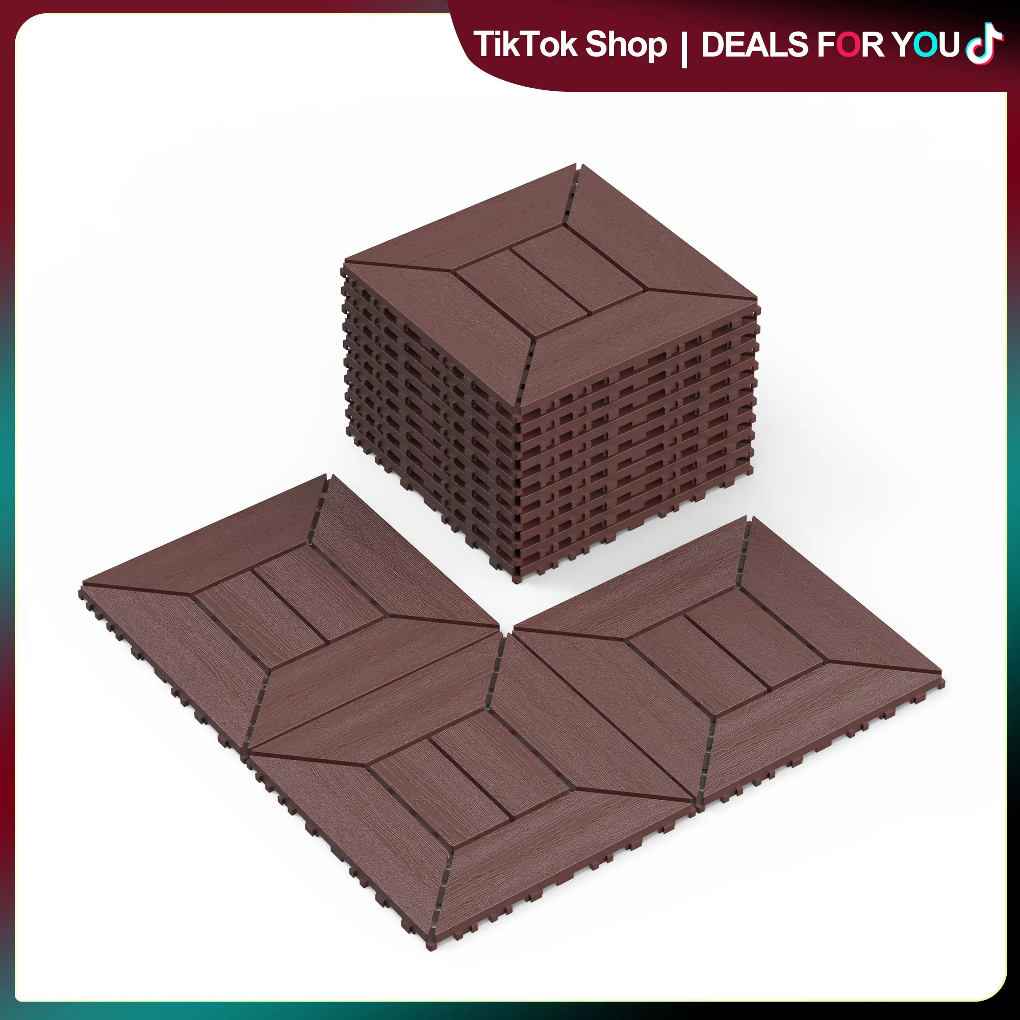 Brown 44 Pack Interlocking Deck Tile, Patio Deck Tiles,12x12in Square Waterproof Flooring Tiles All Weather Use, for Outdoor, Indoor, Poolside, Balcony, Backyard