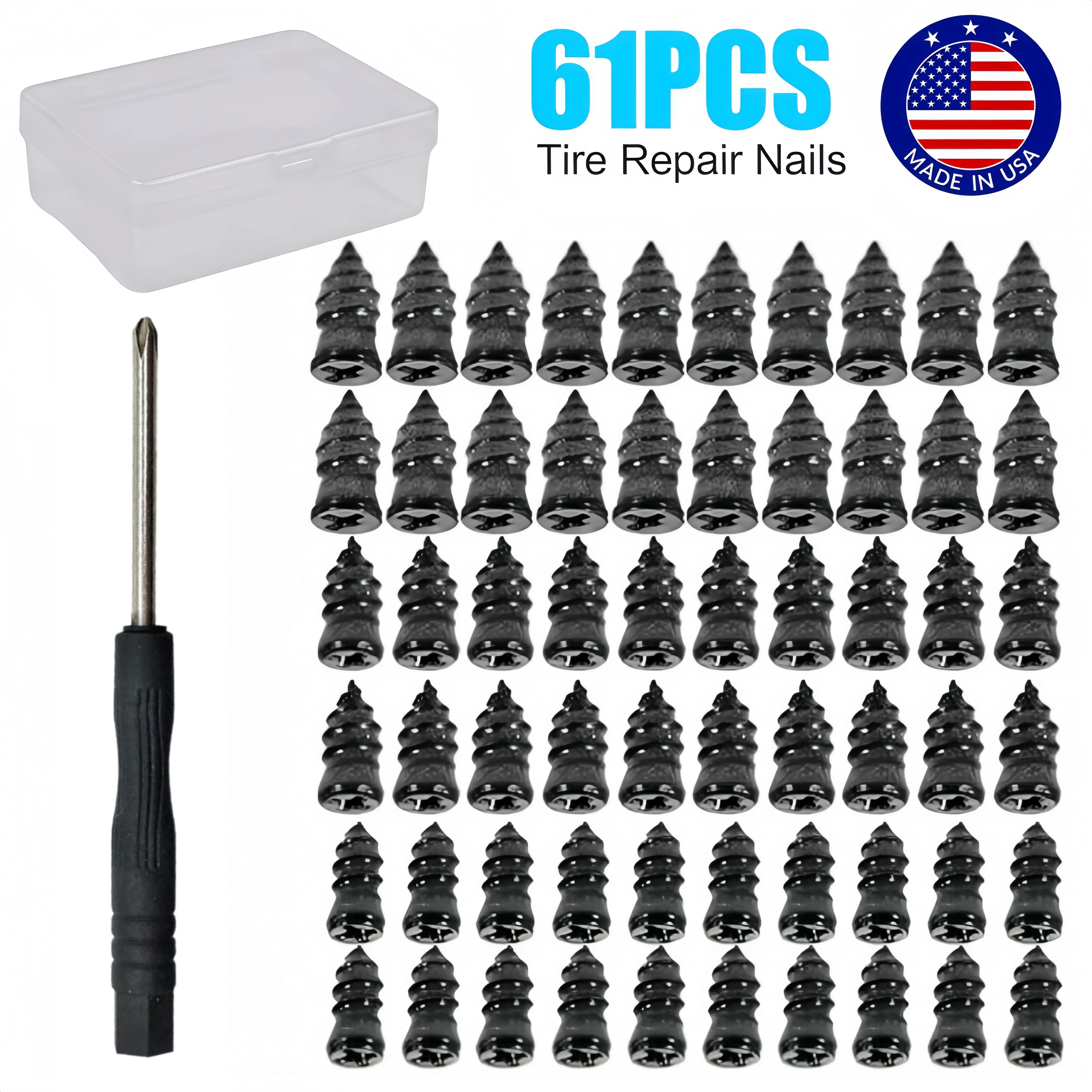 61 Pcs Tubeless Tire Repair Kit, Heavy Duty Flat Fix Tool Set with Plugs, Strings, Insertion Tools & Reamer for Car, Motorcycle, ATV, Truck, Jeep, RV, SUV, Boat, Trailer, Lawn Mower, Emergency Roadside Assistance