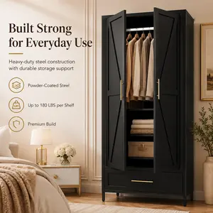 Aobabo 71" White Steel Freestanding Wardrobe Cabinet - 2 Drawers, Hanging Rod, Adjustable Shelf, Modern Anti-Tipping Heavy-Duty Armoire for Bedroom, Laundry Room Closet Organization