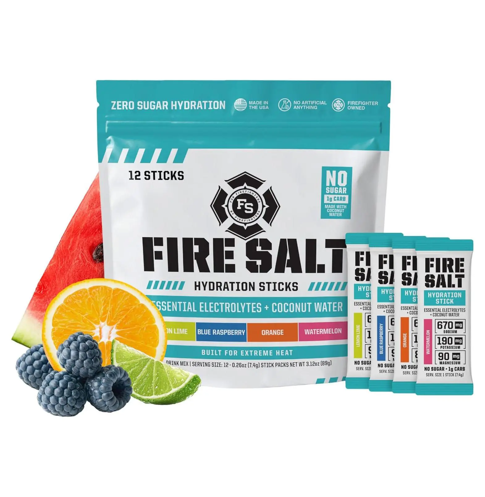 Fire Salt 4 Flavor Starter Kit Hydration Sticks, Zero Sugar, 12 Count | Electrolytes & Coconut Water, Hydration Drink Mix with Magnesium, Potassium & Sodium, Single Serve On the Go Packs
