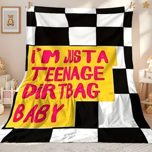 1pc Teenage Dirtbag Slogan Flannel Blanket - Black & White Checkered with Pinkyellow Text, Soft All-Season Bedspread For, Camping, Sofa & Gifts (Machine Washable) - Funny Teen Room Decor, Duvet