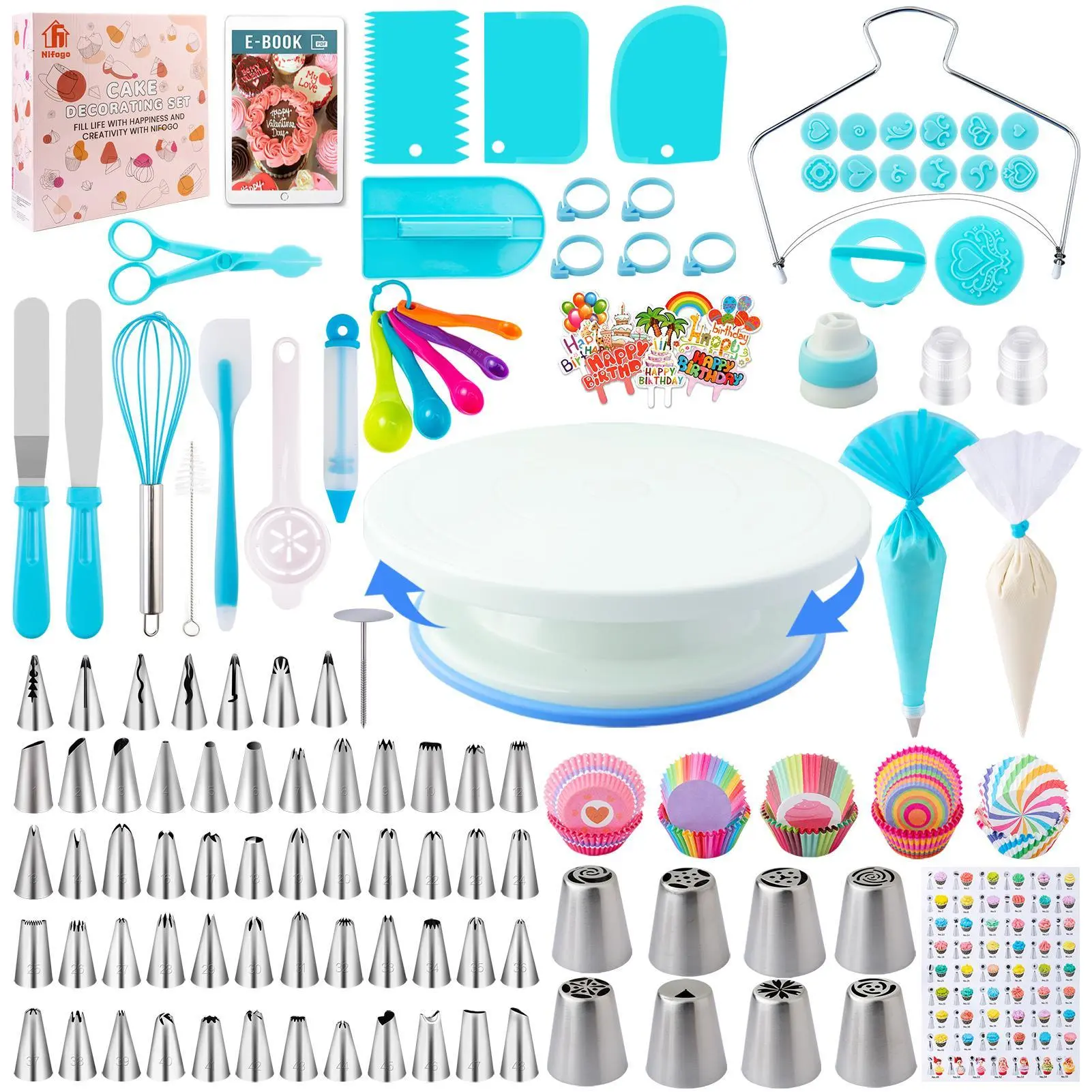 356-Piece Plastic Cake Decorating Kit with Turntable & Pastry Bag, Ideal for Birthday & Party Use, Baking Enthusiasts’ Home Baking Needs, Friend