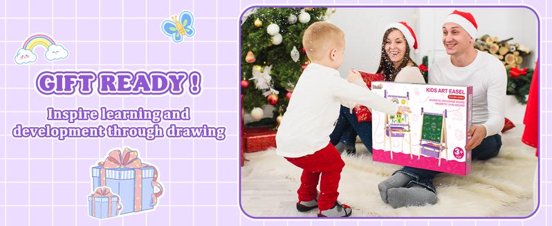 【Kids Gifts】Art Easel for Kids,Adjustable Wooden Kids Art Easel with Paper Roll,Double-Sided Magnetic Toddler Easels,Dry Erase Whiteboard and Chalk Board,Toys for 3 4 5 6 7 8 9 10 Year Old Girl Boy Gift