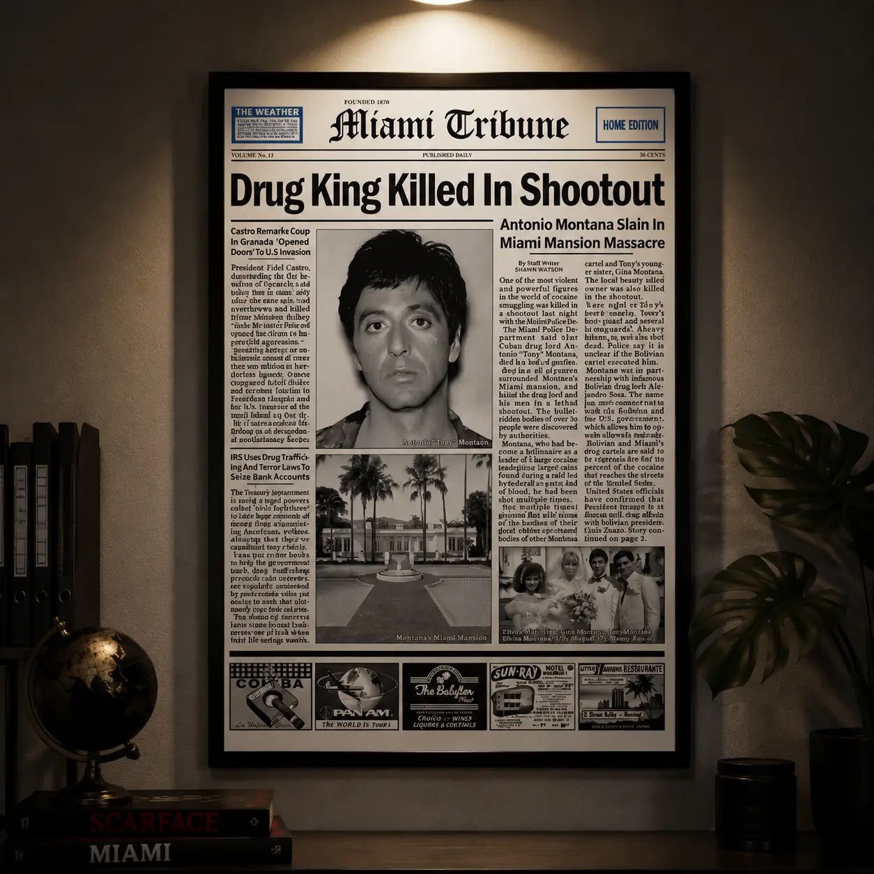 Scarface Newspaper Poster Print - Artistic Creative Graphic Home Decor, Funny Inspo for Men's Room, Bedroom Home Supplies