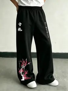 Chinese Plum Blossom Print Retro Home Sweatpants, Loose-Fitting Flared Trousers, Soft Breathable, Five Sizes Available