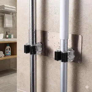 No Drill Wall Mounted Broom Mop Holder, Multi-functional Strong Adhesive Tool Hanger for Kitchen Bathroom. Adjustable Anti-slip Moisture-proof Universal Brush Hose Rack, Garage Home Storage Solution No Installation Needed Adjustable Hooks