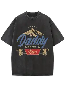 Graphic Tee for men women, Vintage "Daddy Needs A Beer" Heavyweight Cotton Top, Heavyweight 100% Cotton Boxy Fit T-Shirt, Acid Wash Oversized Streetwear Top,Funny Father’s Day Gift Men Women Unisex Crewneck
