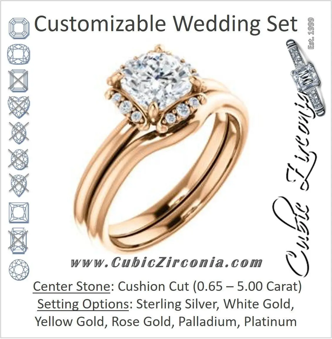 CZ Wedding Set, featuring The Tiara Rose engagement ring (Customizable Cushion Cut Design with Thin Band & Semi-Halo)