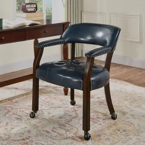 Large Dining Chairs with Wheels and Arm,Caster Boss Captain's Chairs with Wood Leg,Office Desk Chairs with Button Upholstered,Classic Swivel Chair,31.5”H