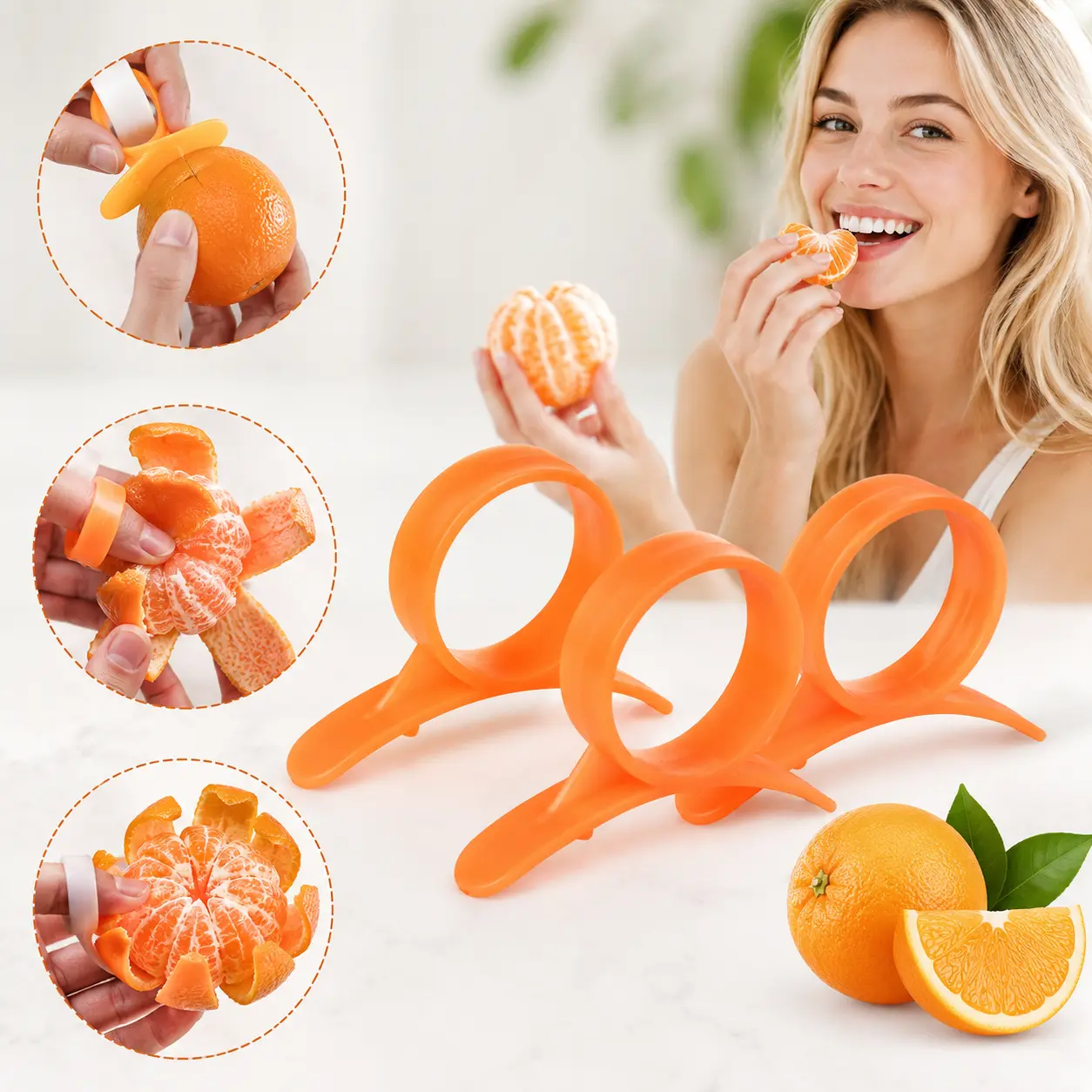 3 Counts random color orange peeler, lightweight finger ring plastic citrus fruit peeling tool for home kitchen to remove peels from oranges and tangerines
