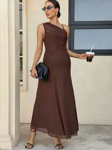 ZENIE Brown Asymmetrical Neckline Ruffled Sleeveless Dress for Pregnant Women Chocolate Brown Maxi Wedding Guest Dress