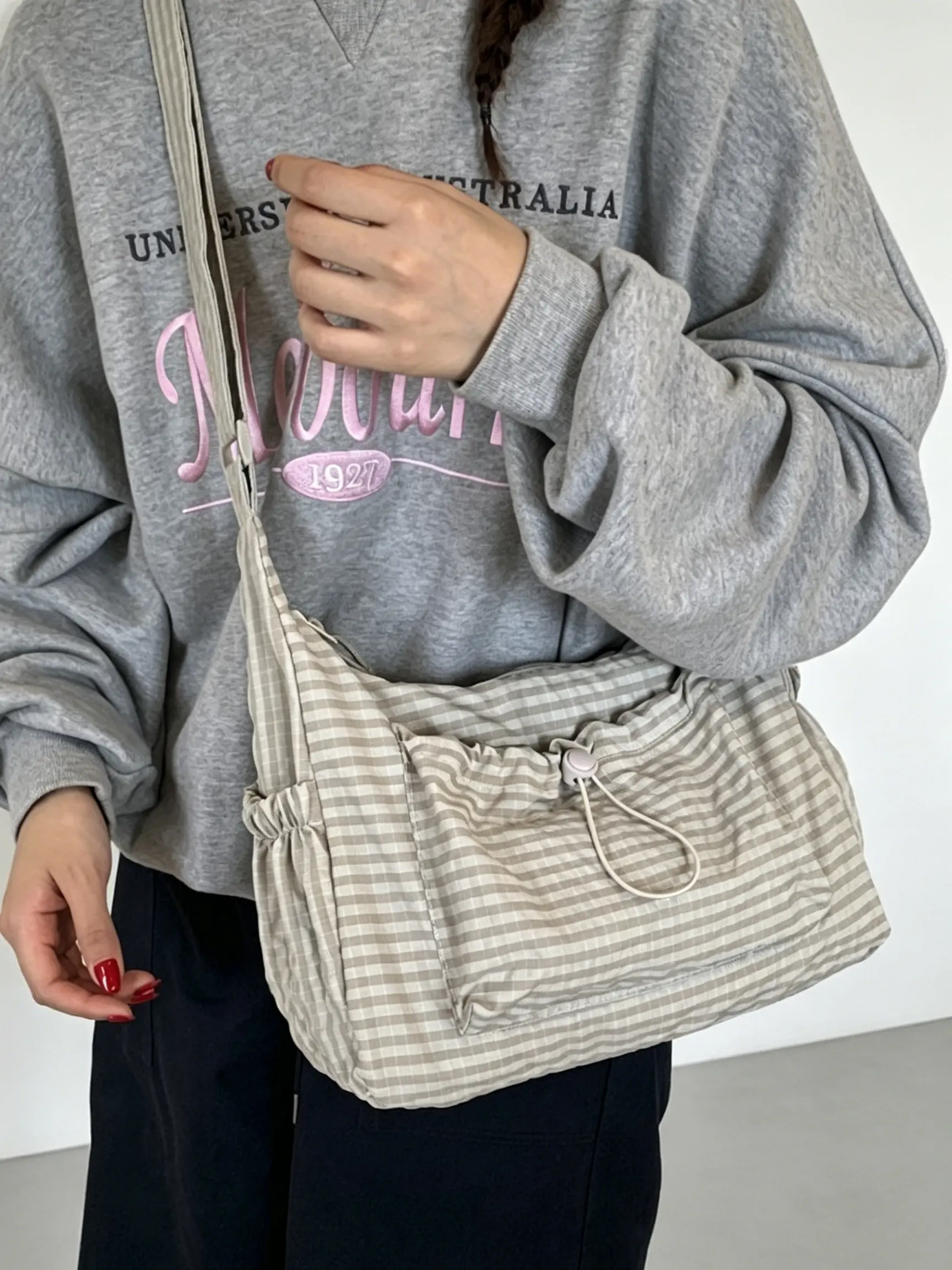 Womens Preppy Plaid Foldable Tote Bag Adjustable Strap Pleated Multi Pocket Shoulder Bag Casual Campus Y2K Aesthetic Everyday Travel Purse