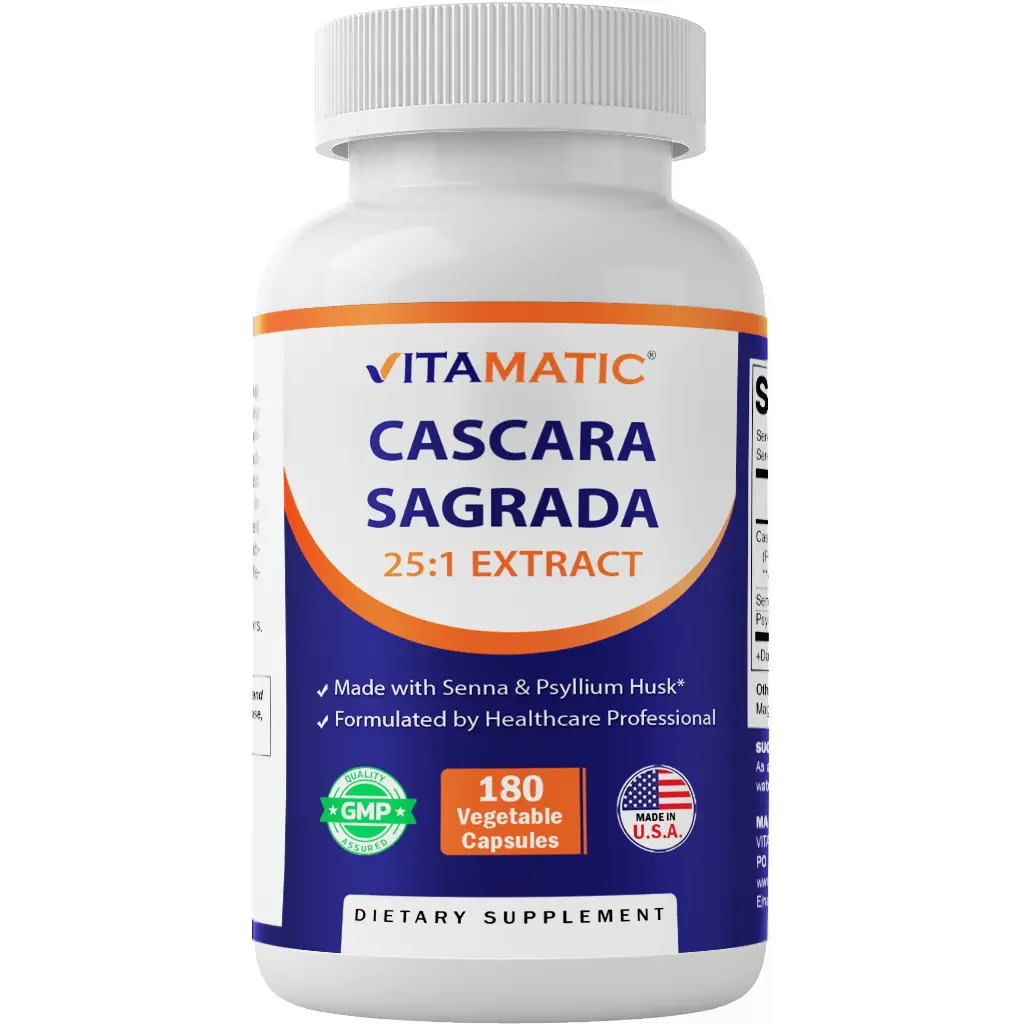 Vitamatic Cascara Sagrada 25:1 Extract Vitamin Capsules, 5000 mg, 180 Count - Digestive Support with Senna, Psyllium Husk, Gluten-Free for Regularity