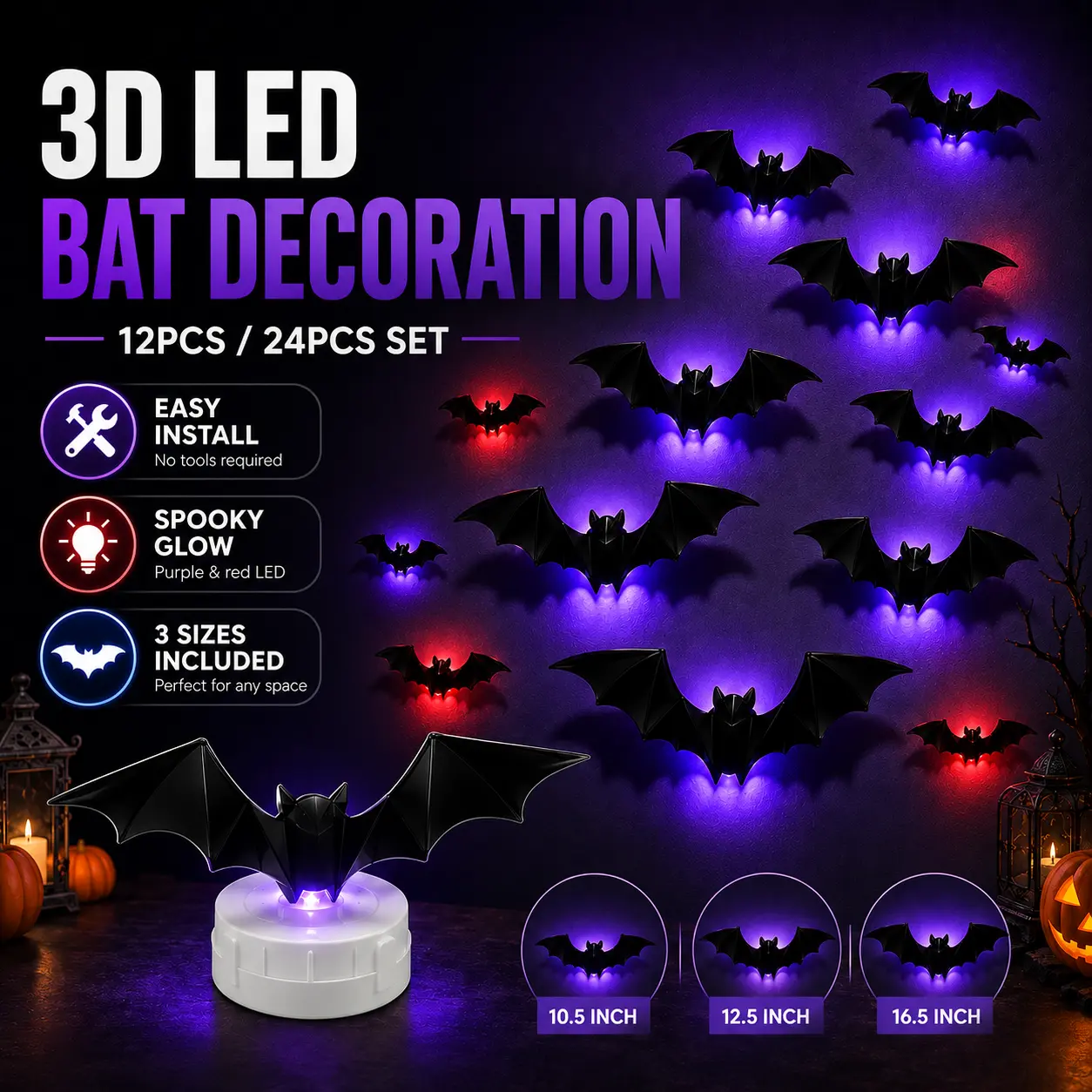 3D Bat Light LED Decorations, 12pcs/24pcs Halloween Spooky Ornaments, Bendable Wall Stickers with Smooth Bubble-Free Application, Easy Install Battery Powered Glowing Decor, Non-Remote Indoor Decor for Home, Party, Window, Door, Festival