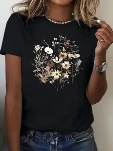 Crew Neck T-Shirt - Fashionable Womens Print T-Shirt - Casual Fabric With Round Neckline - Lightweight & Breathable For Spring & Summer Wardrobe