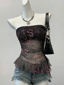 EZwear Y2K Grunge Floral Print Mesh Ruffle Trim Cropped Camisole Top For Women Gothic Top Dark Brown Top
