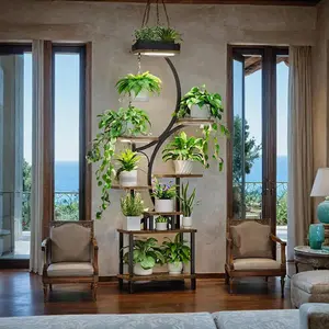 8-Tier Tall Plant Stand with Adjustable Grow Lights & Wheels, 60 Inch Indoor Plant Shelf, S-Shape Metal Frame for Houseplant Storage