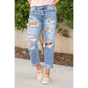 KanCan Kenney Mid Rise Ripped Boyfriend Jeans Medium Blue