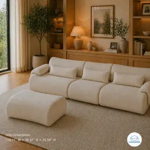 Boneless 3-Seat Sofa, 32D High-Density Sponge Couch with Anti-Slip Design, Curved Armrests, No Assembly, Modular Lounge Sofa for Living Room Bedroom, White