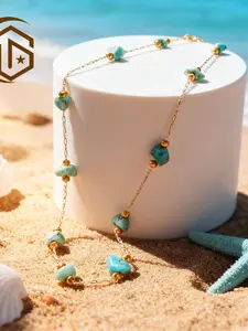 Bohemian Style Natural Blue Turquoise Necklace, Dainty Necklace, 14k Gold Plated, Unique Gift for Special Holidays, Beach Vacation, Mother's Day