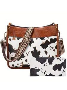 Fashion Cow Print Crossbody Bag & Wallet Set, Fashionable Patterned Bag, Casual PU Leather Shoulder Bag & Wallet Set, Trendy Versatile Bag Set for Women