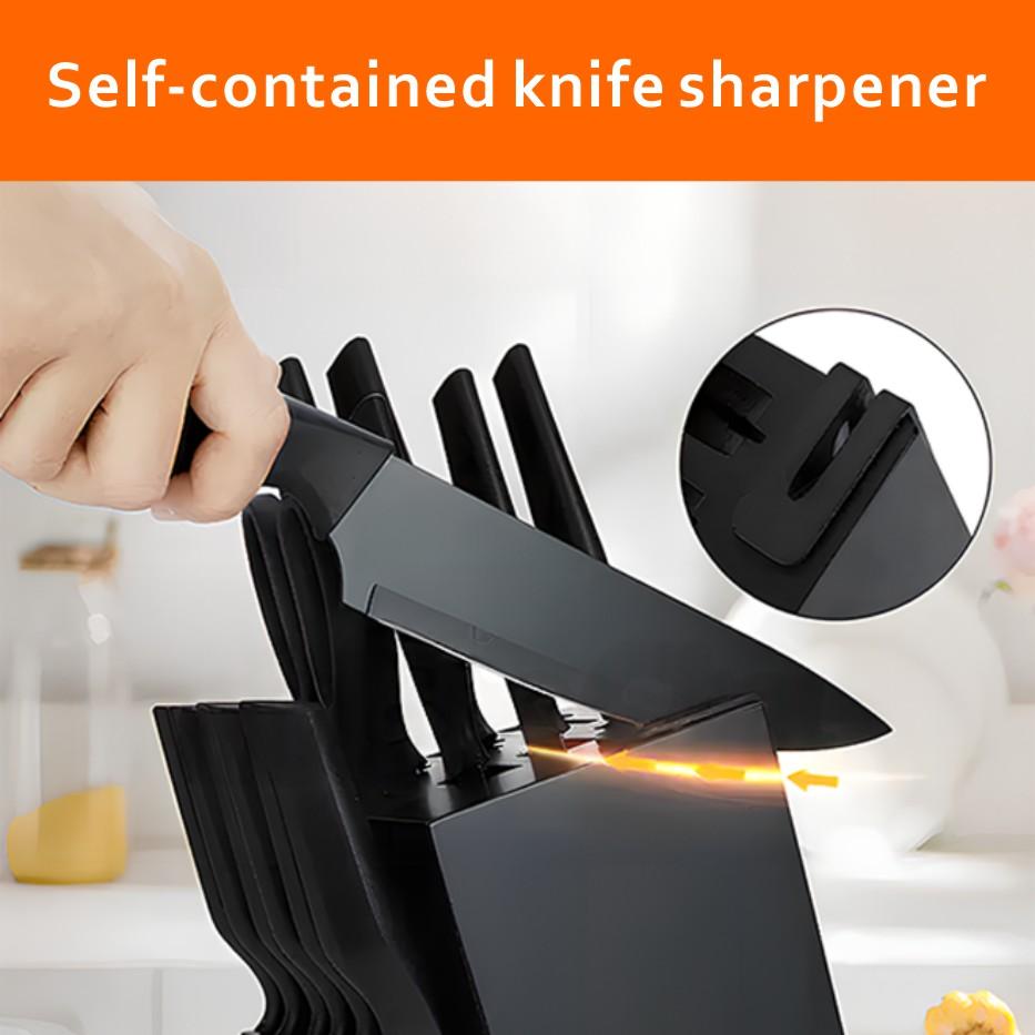 15-Piece Kitchen Knife Set: Solid Wood & Plastic Knife Block, Including Chef's Knife, Japanese-Style Knife, Meat/Vegetable Knife, Chicken Bone Knife, German-Style Steak Knife. Multi-Color Stainless Steel, Ideal for Home Storage & Gifting. Silicone Cutting