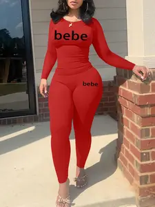 bebe Women's Casual Fitted Letter Print Two-Piece Outfit, Long Sleeve Crop Top & Pants, Fall Winter Fashion, Comfortable Daily Wear Spring