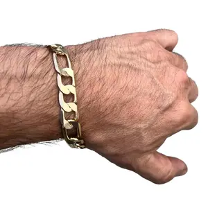 Men's 14K Gold Plated Figaro Hip Hop Bracelet 8" Inch x 12 MM Thick Wrist Chain Classic Interlocking Pattern Luxury Accessory