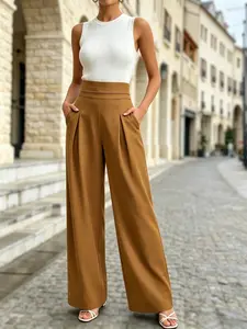 Spring Summer French Office Style High-Waisted Wide-Leg Pants, Pleated Design, Elegant Casual Wear, Long Regular Fit, Elastic Waist