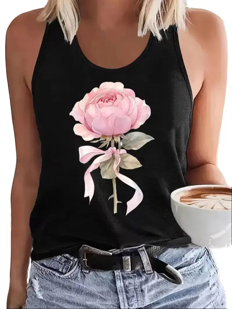 Watercolor Pink Rose Print White Tank Top, Romantic Floral Sleeveless Tee, Feminine Casual Vest