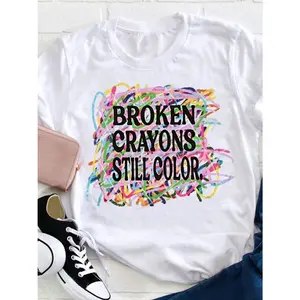 Women's Casual "Broken Crayons Still Color" Graphic T-Shirt - Soft, Round Neck, Short Sleeve, Loose Fit, Machine Washable, Artistic Letter Print Design, Cute T Shirts