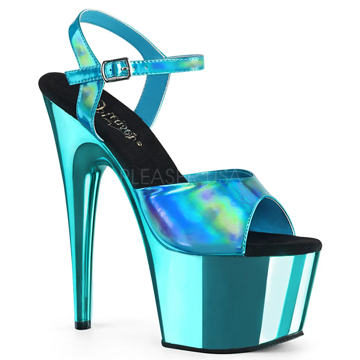 Women's Turquoise Hologram Platform Sandals, Elegant Open Toe High Heels with Ankle Strap, 7" Heel and 2.75" Chrome Platform