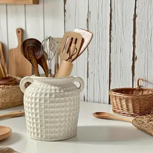Vintage Style Dual Handle Ceramic Vase, Multifunctional for Cutlery and Flowers, Ideal for Rustic Kitchen, Dining Room, Living Room Decor
