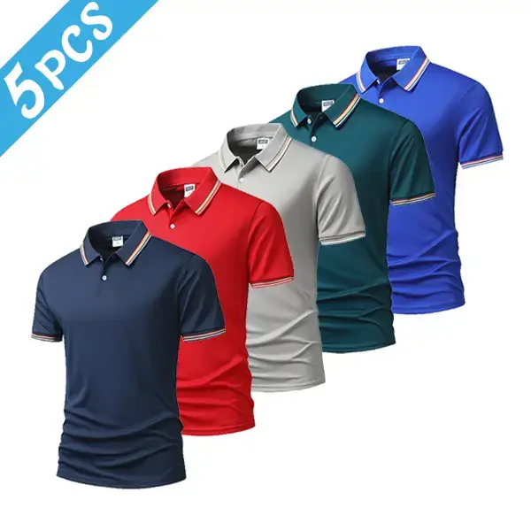 Men’s casual polo shirt set, striped turn-down collar short sleeves, 5 pieces, exquisite pattern design outdoor top quick-dry golf Soft Skin-Friendly Men's Stylish Shortsleeve Menswear, Athletic, Sporty Polo Shirts