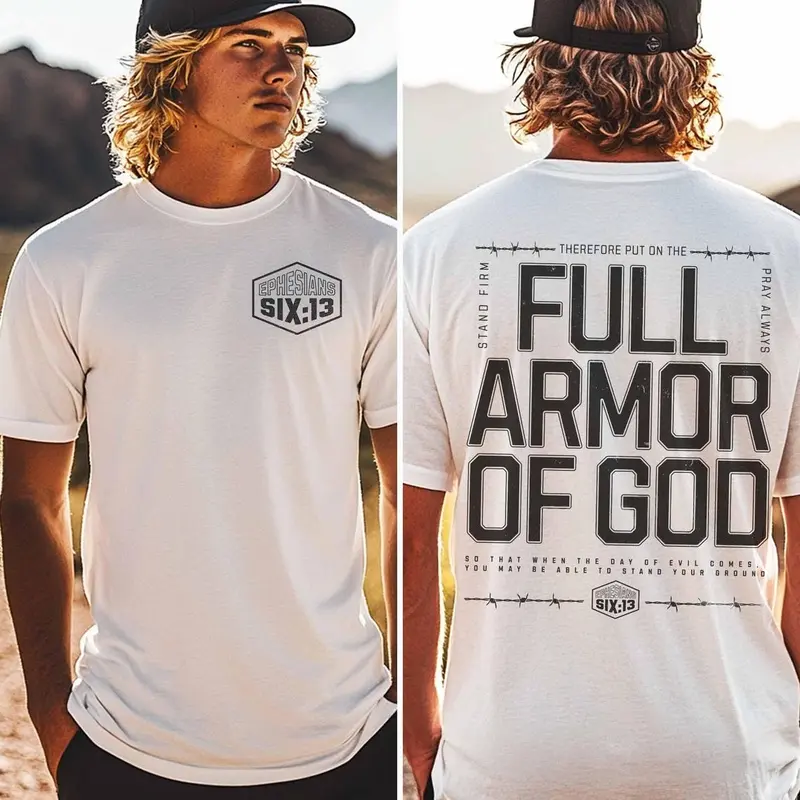 Men's Classic Cotton Short-Sleeve Round Neck T-Shirt - Religious Men's Clothing Top, Ephesians 6:13 Front Print, Full Armor of God Back Design, Casual Loose Fit for All Seasons