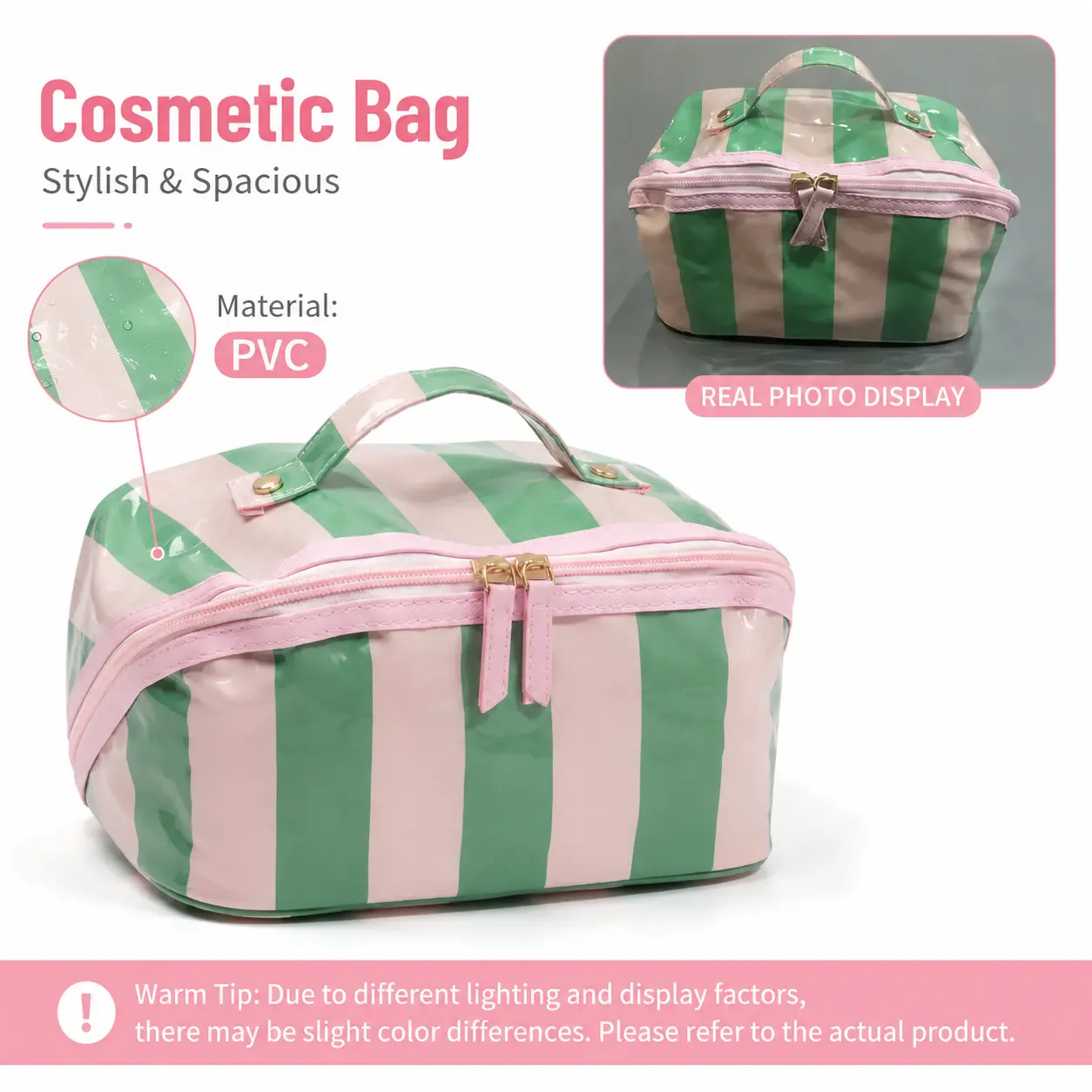 Striped Makeup Bag for Women, Large Capacity Waterproof PVC Travel Organizer with Wide-Mouth Opening & Top Handle, Makeup Products, Accessories For Women, Gifts For Women