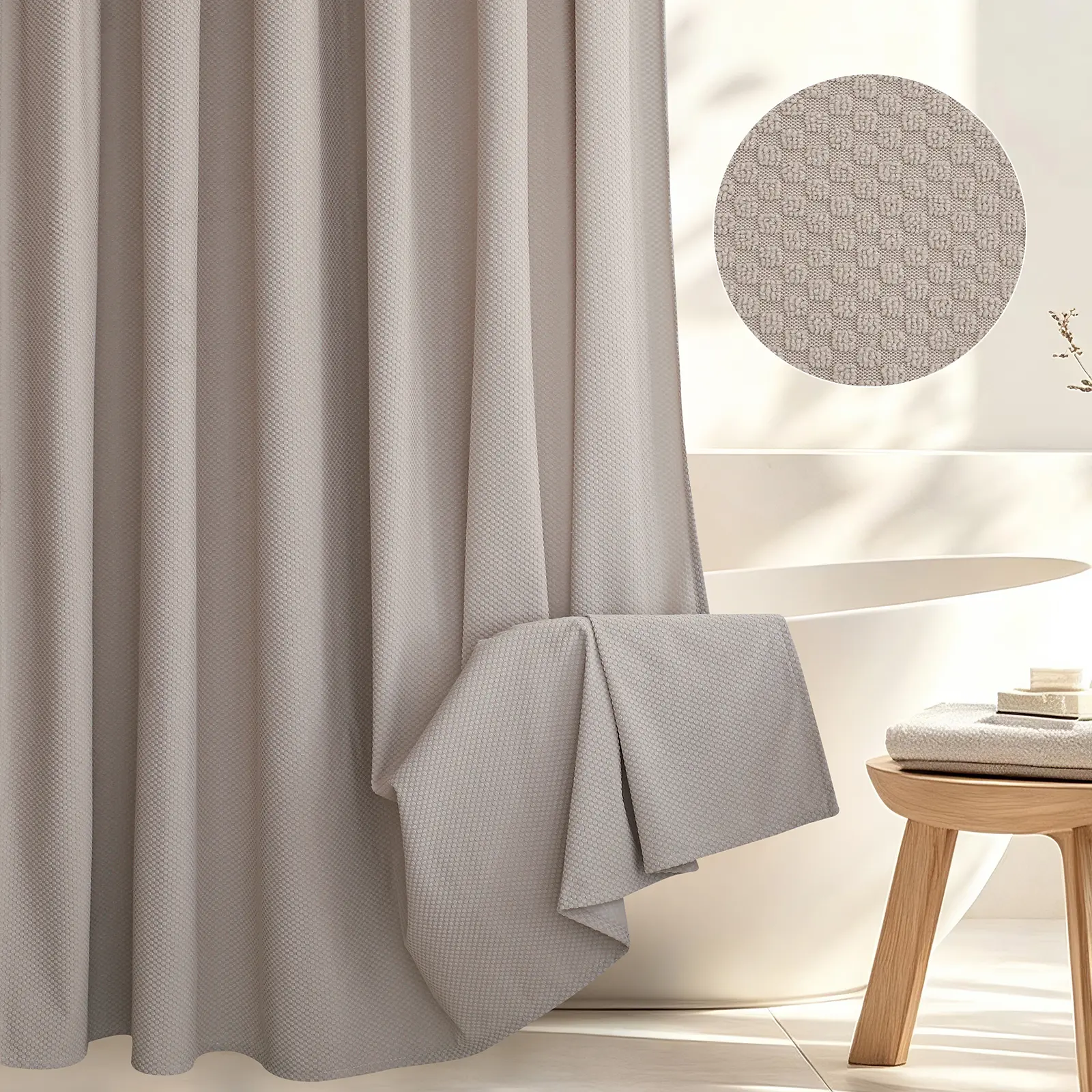 Grey Waffle Weave Shower Curtain, Solid Color Textured Waterproof Fabric Bath Curtain, Machine Washable for Bathroom Bathtub 72‘’*72‘’