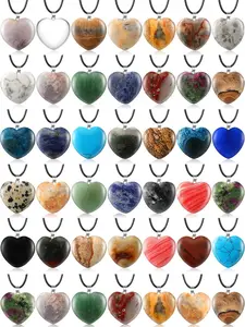 50 Pieces Heart Shape Gemstone Exquisite Trendy Pendant Necklace Beads with Faux Leather Cord for Jewelry Crafting Supplies Ideal Festival Gift 25 pendants+25 chains