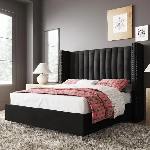 AMERLIFE Bed Frame Upholstered Bed Wingback Headborad Velvet Channel Tufted/No Box Spring Needed/Easy Assembled/Best Gift Ideas/Christmas Gifts[TikTokShopFallDealsForYou]