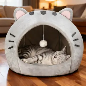 Petfeet Cat Nest Warm Pet House Kitten Cave Upholstered Cat House Warm Dog Sleeping Basket Tent Small Dog Cushion Supplies Cat Bed Semi-enclosed Pet Bed, Styling Bed with Hanging Toy Machine Washable Pet House with Warm Liner Top and Plush Pillows