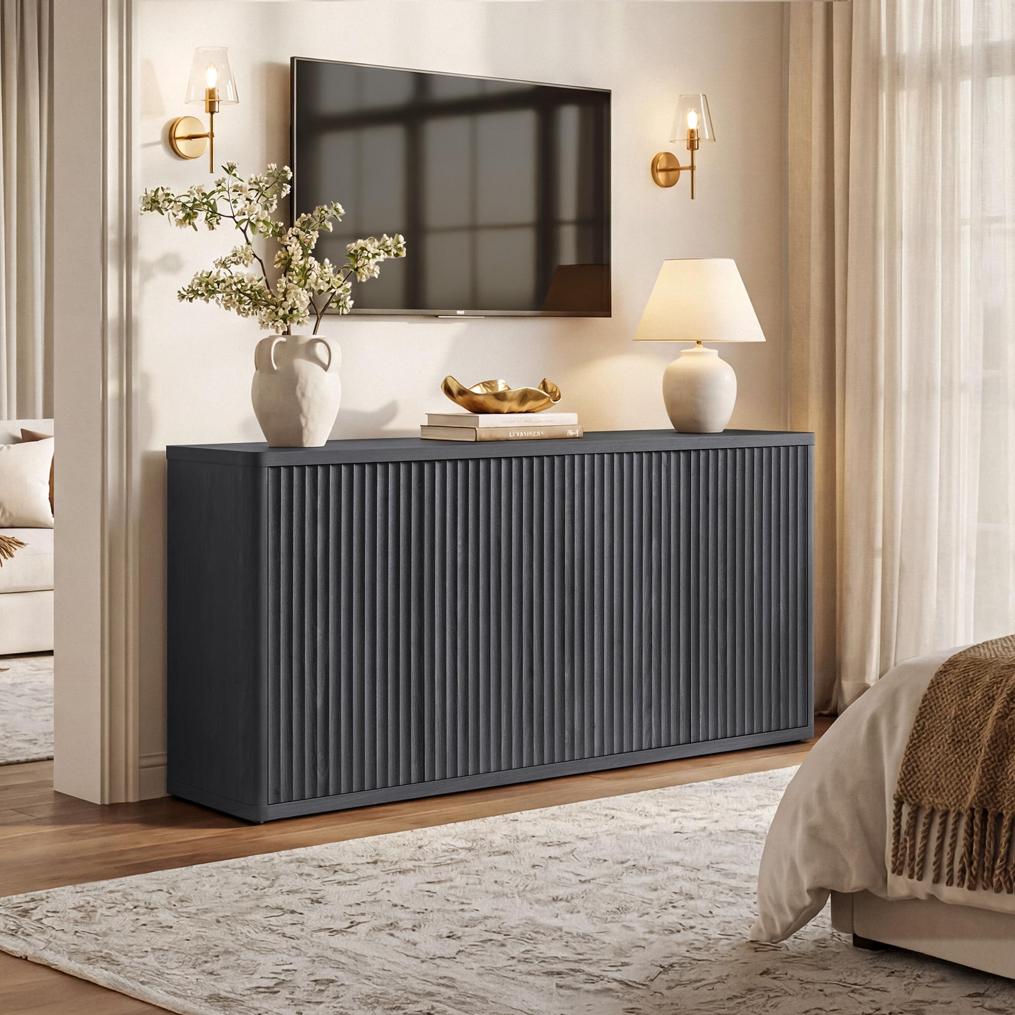 SICOTAS Modern Long Fluted TV Stand - Single Unit Media Console with Storage, Solid Base Entertainment Center for 65" TVs, Living Room Furniture, Storage Space