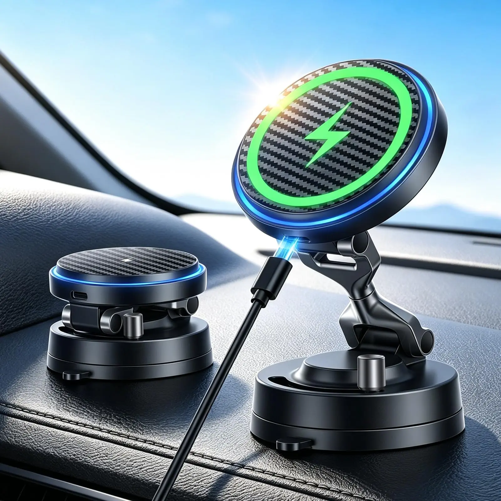 360° Rotatable MagSafe Car Mount, 15W Fast Wireless Charger, Strong Magnetic