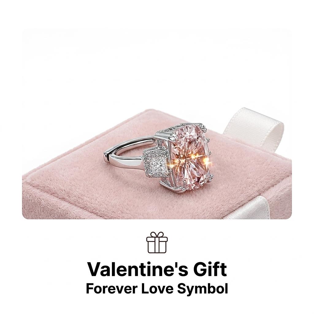 Luxury Cushion Cut Pink Diamond Ring, White Gold Plated Color Gemstone Ring, Elegant Party Index Finger Ring