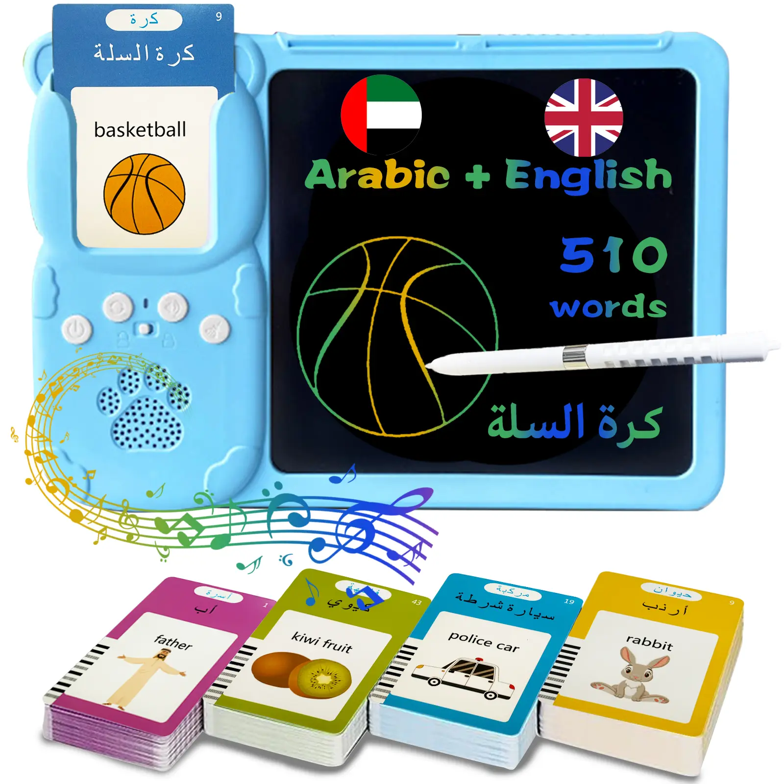 Bilingual English Arabic Talking Flash Cards with Writing Tablet - 8" LCD Tablet for Writing, Messing-Free Drawing Pad, 510 Daily Words, Speaking Sensory Toys for Autistic Children, Educational Toys Gifts for Boys Girls 3-12, Language Learning Tool, Blue