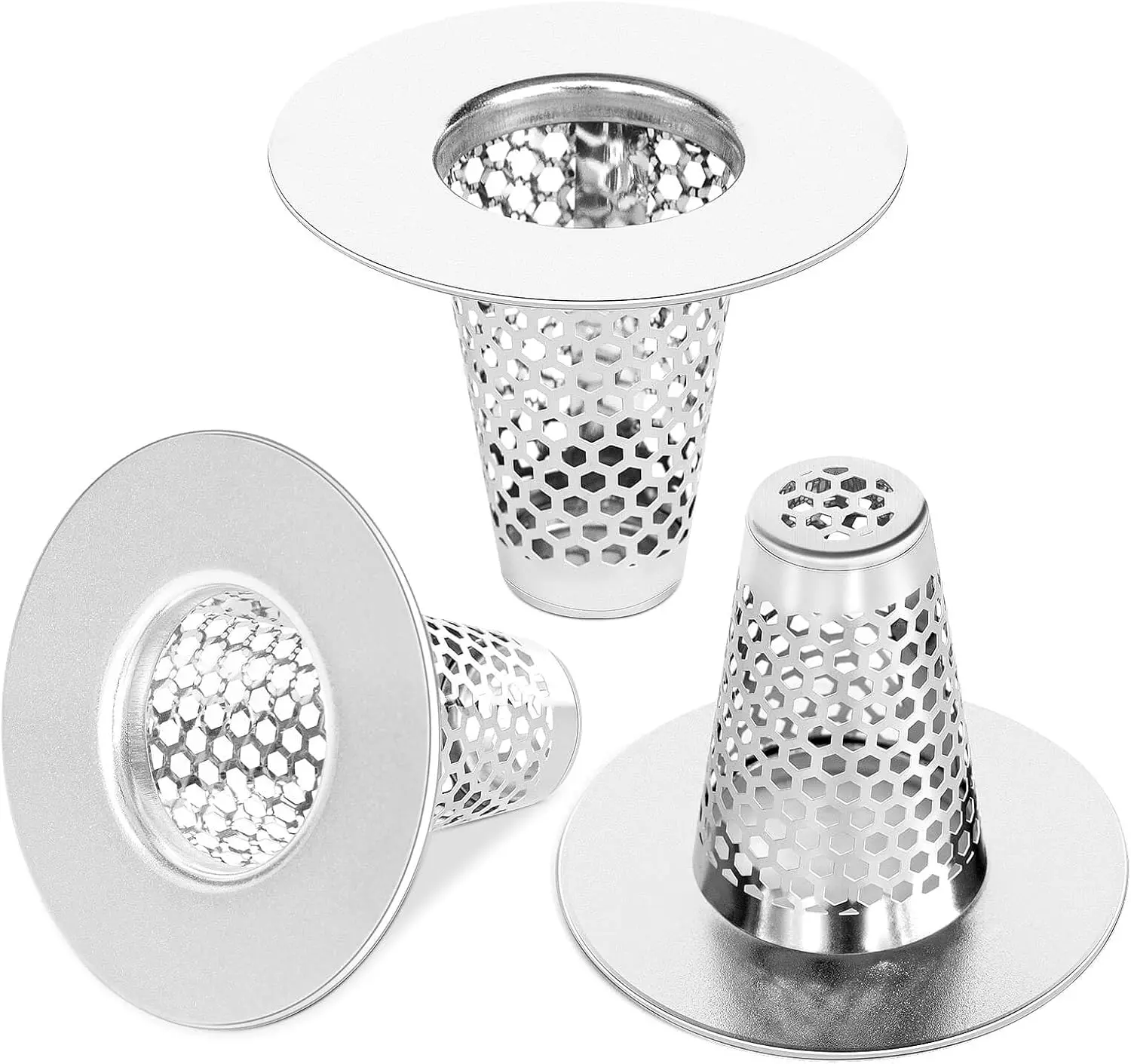 3 count Bathroom Sink Drain Strainers, Stainless Steel Hair Catcher, Cone Shaped Floor Drain Replacement Fit Hole Size 1.2"-1.6", for Laundry Floor Drain, Bathtub, Kitchen Slop Basket Filter